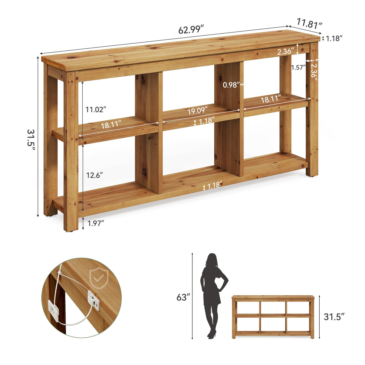 TRIBEWOOD Solid Wood Horizontal Bookcase with Adjustable Shelves, 6 Cubes Storage Organizer Long Bookshelf, Farmhouse Low Cubby Bookcase for Living Room, Home Office, 63 Inches TRIBEWOOD