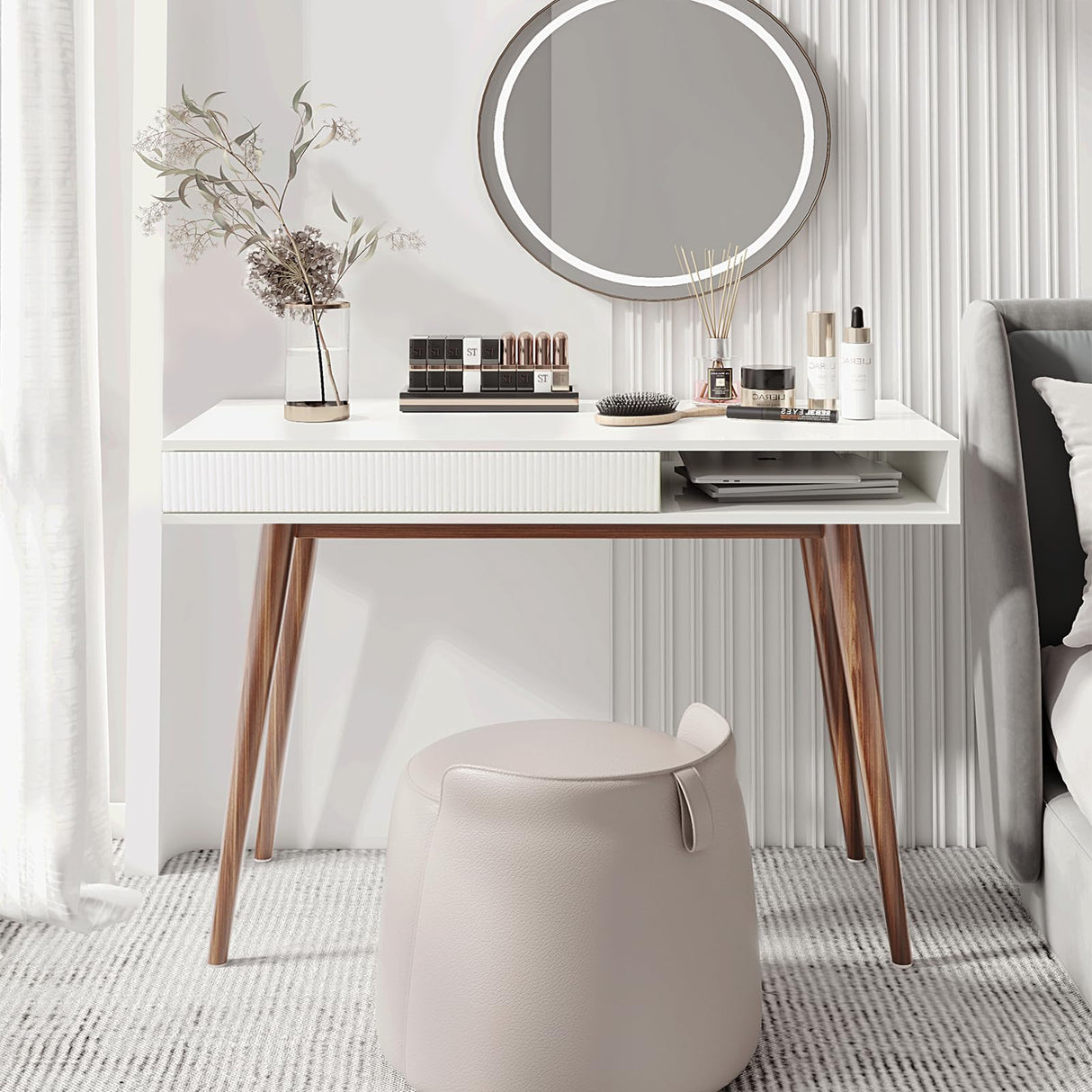 Arts wish White Writing Desk with Drawers Mid Century Modern Desk, Wood Office Desk Computer Desk Vanity Desk for Small Space, White Desk with Walnut Legs Arts wish