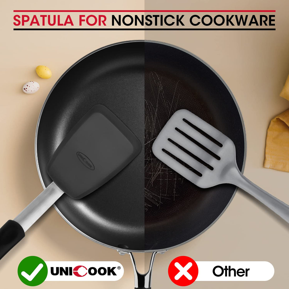 Unicook 2 Pack Flexible Silicone Spatula, Turner, 600F Heat Resistant, Ideal for Flipping Eggs, Burgers, Crepes and More, Black Unicook