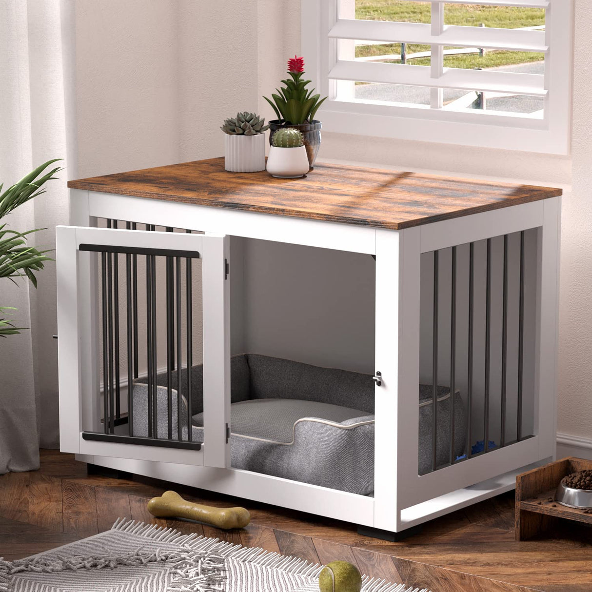 Zakkart White Dog Crate Furniture for Large Dogs Up to 60 lbs. - Decorative Puppy Kennel w/Wide Farmhouse Table Top & Steel Bars - 37'' Wide - Modern Dog Crate Table, End Table, Nightstand Zakkart