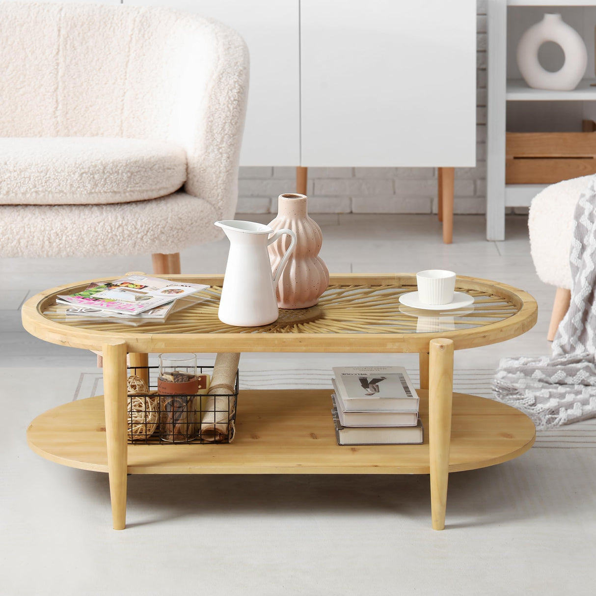 RUSTOWN Rattan Coffee Tables,2-Tier Oval Boho Cocktail Tables, Mid Century Modern Coffee Table with Rattan & Tempered Glass Top and Wood Legs, Sofa Table for Living Room(Natural) RUSTOWN