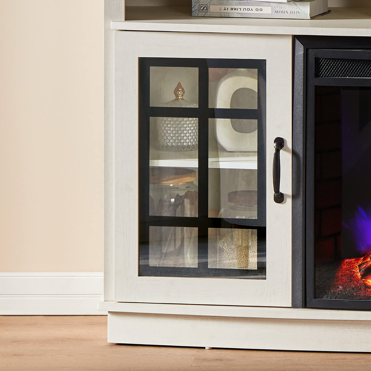 AMERLIFE Curved Fireplace TV Stand with 26'' Electric Fireplace, Media Entertainment Center Farmhouse Glass Door Storage Cabinet, Open Shelve Console Table for TVs up to 65'', Distressed White AMERLIFE