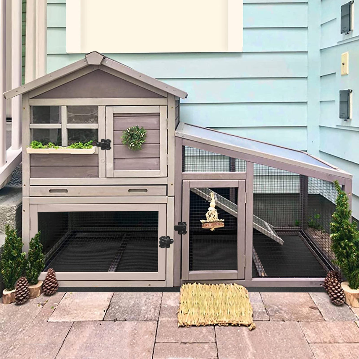 GUTINNEEN Rabbit Hutch for Outdoor Indoor Use, Bunny Cage with PVC Layer and Bottom Wire Netting, Wooden Chicken Coop Rabbit House with UV Roof, Leakproof Tray, Run GUTINNEEN