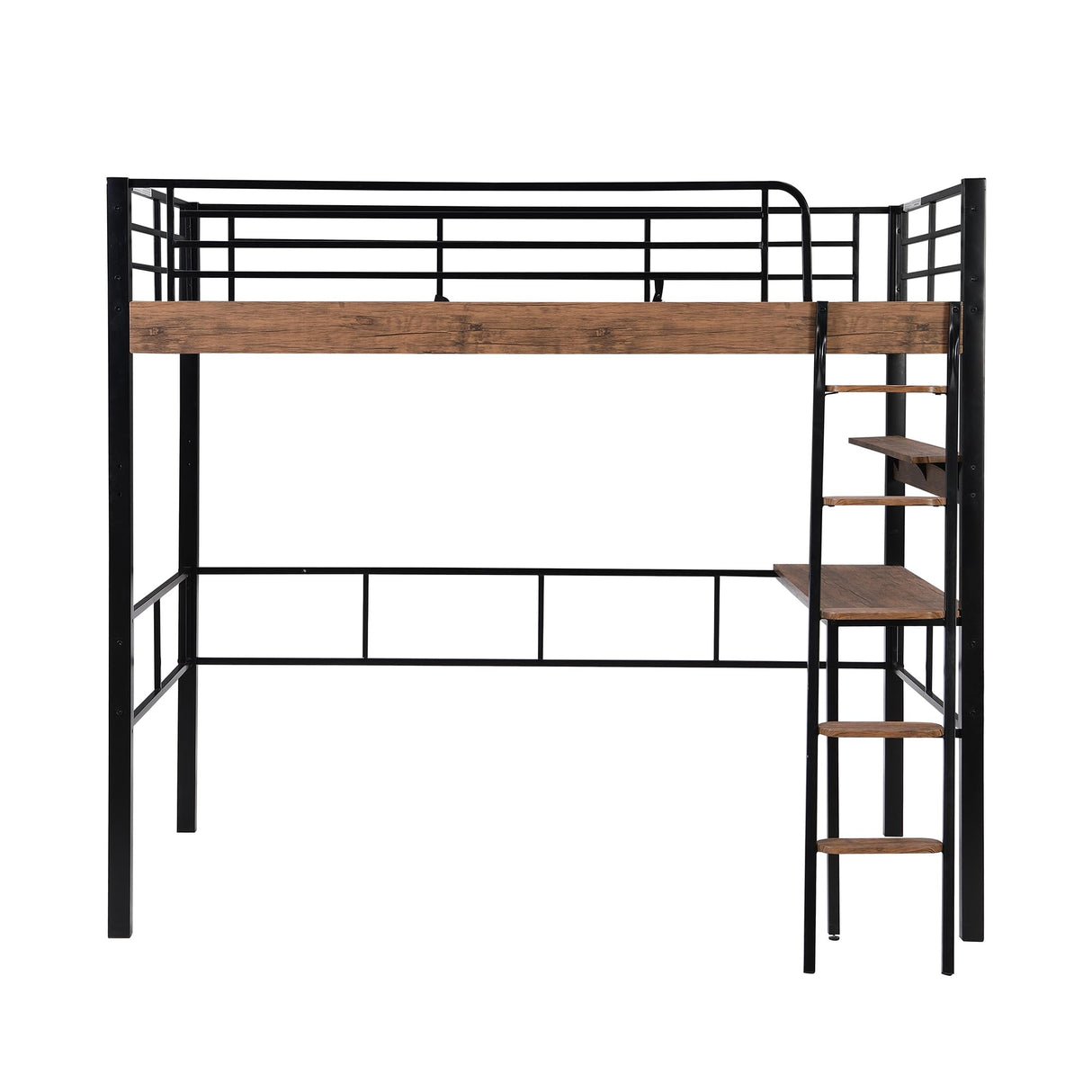 Janusline Metal Full Size Loft Bed with Built-in Desk, Modern Loft Bed Frame with Storage Shelf, Ladder and Safety Guardrail, Easy Assembly, No Box Spring Needed, Black Janusline