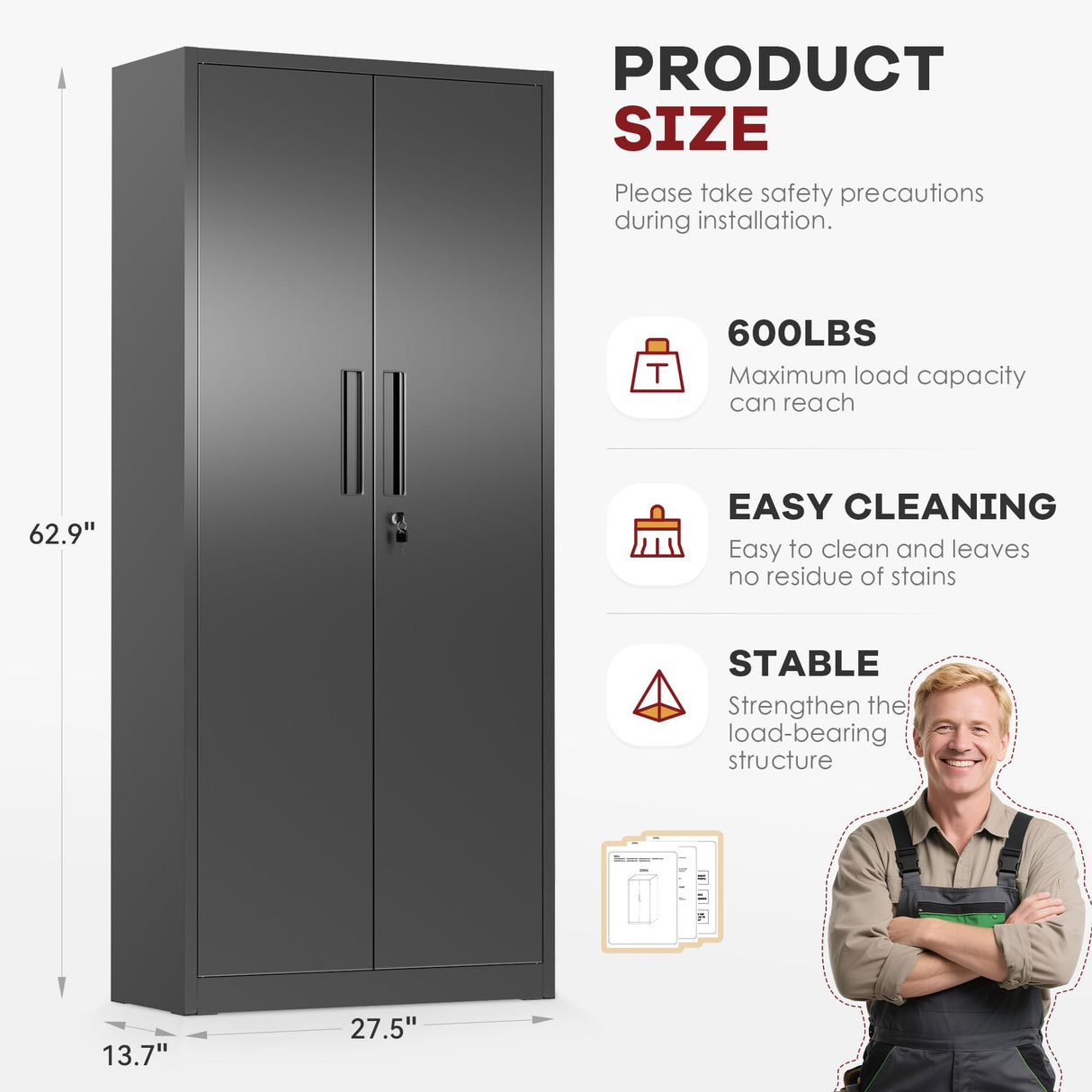 Bonusall 63" Metal Garage Storage Cabinet, 2 Locking Doors & 4 Adjustable Shelves Tall Storage, Heavy Duty Steel Tool Cabinet for Home, Office, Warehouse, School -Black Bonusall