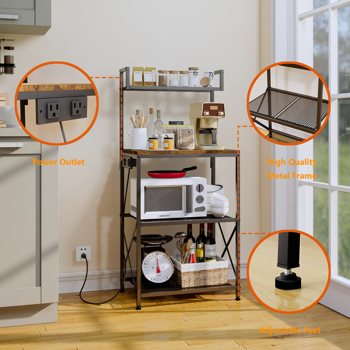 OIRBOEUS Oiboeus Kitchen Bakers Rack with Power Outlet Coffee Bar Station Microwave Stand Kitchen Microwave Rack Shelf Kitchen Shelf Rustic Brown OIRBOEUS