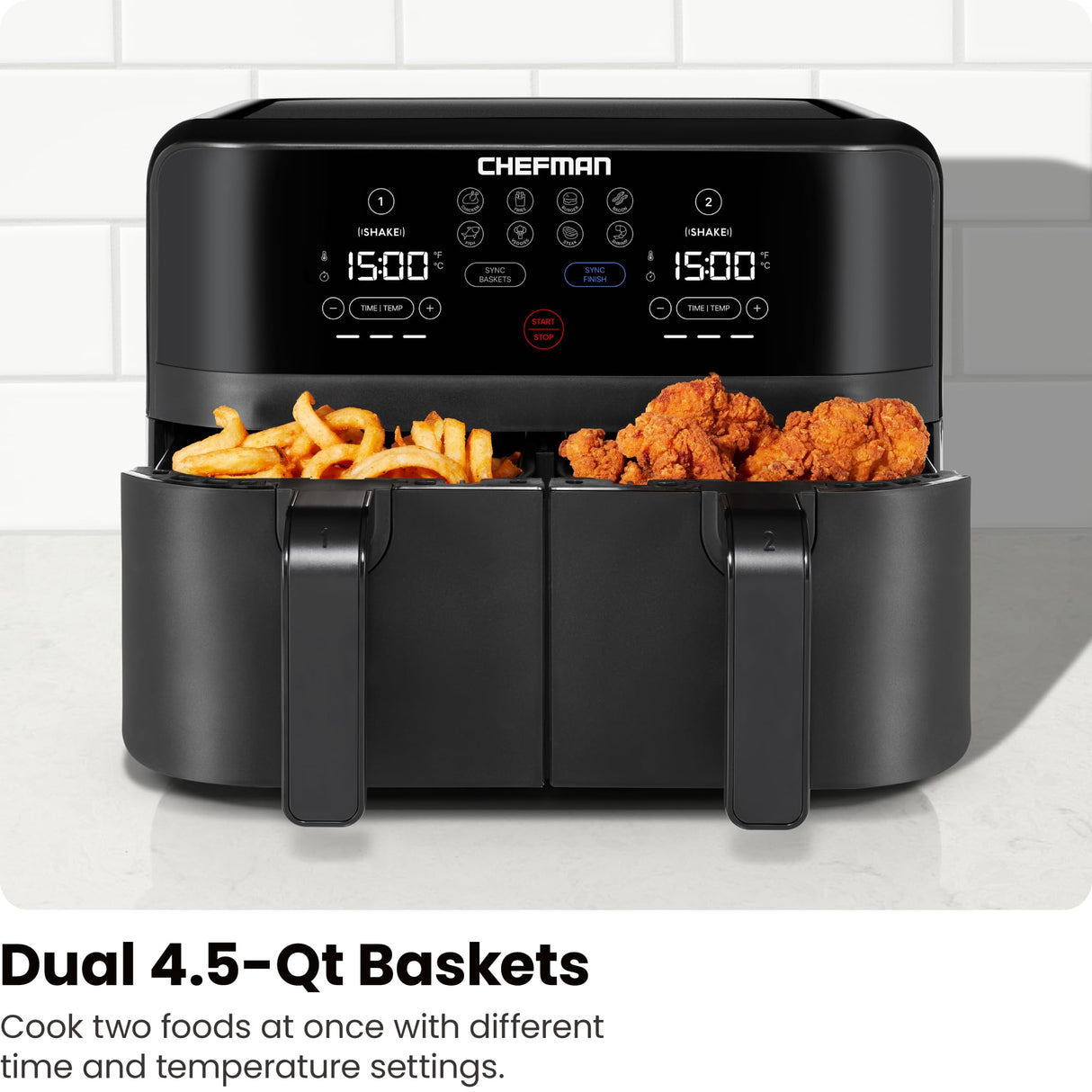 Chefman TurboFry Touch Dual Air Fryer, Maximize The Healthiest Meals With Double Basket Capacity, One-Touch Digital Controls And Shake Reminder For The Perfect Crispy And Low-Calorie Finish Chefman