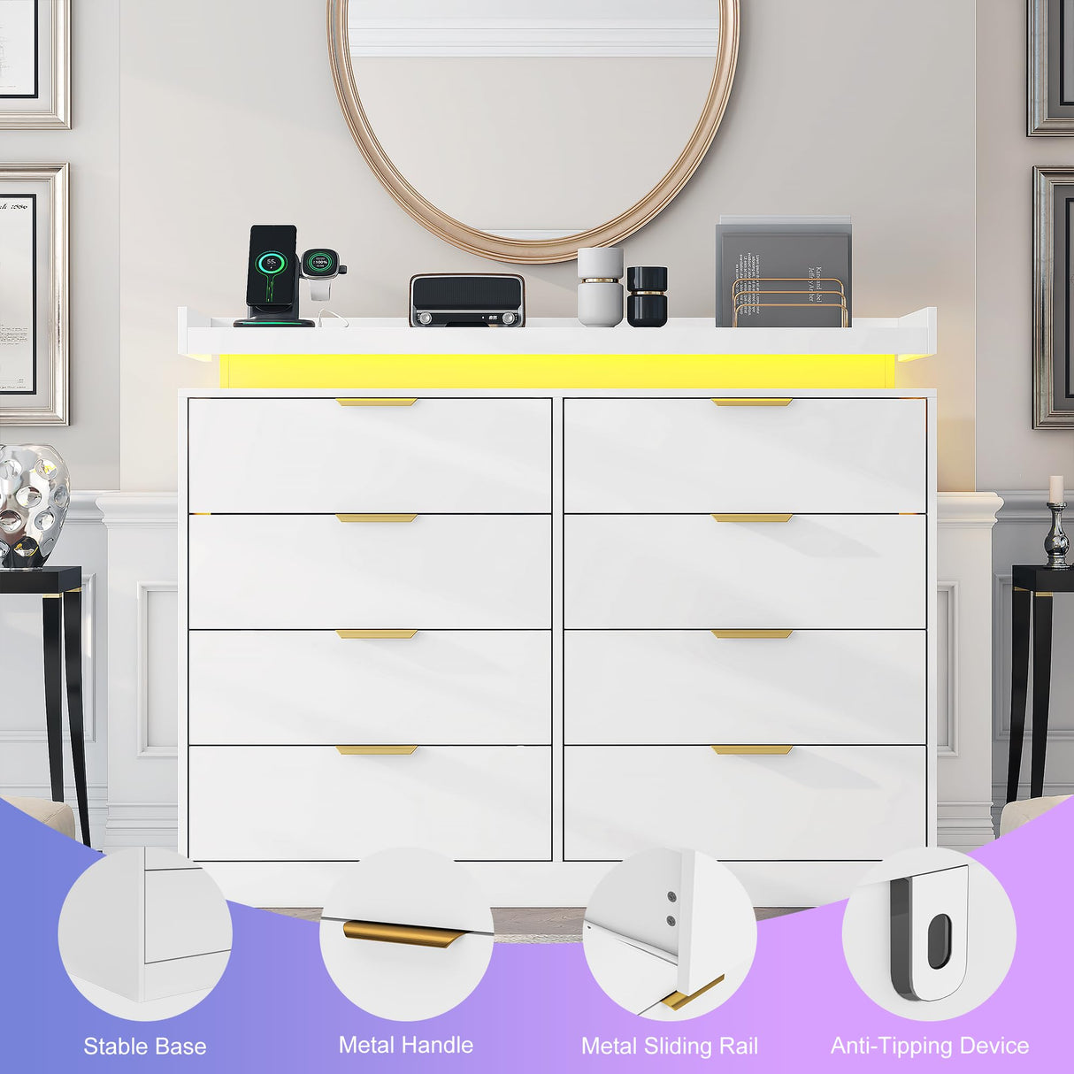 UNIQUITE 8 Drawer Dresser for Bedroom, White Dresser with LED Lights and Power Outlet, Wooden Dressers Chests of Drawers, Double Wide Dressers for Bedroom, Living Room, Hallway UNIQUITE