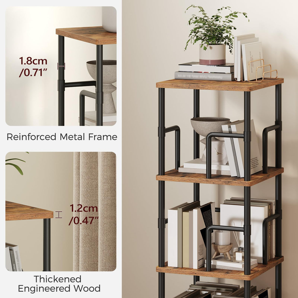 MAHANCRIS 3-Tier Rotating Bookshelf, Freestanding Corner Bookshelf, 360° Spinning Bookcase, Industrial Style Storage Rack with Rails, for Living Room, Bedroom, Study, Rustic Brown and Black BKHR1401 MAHANCRIS