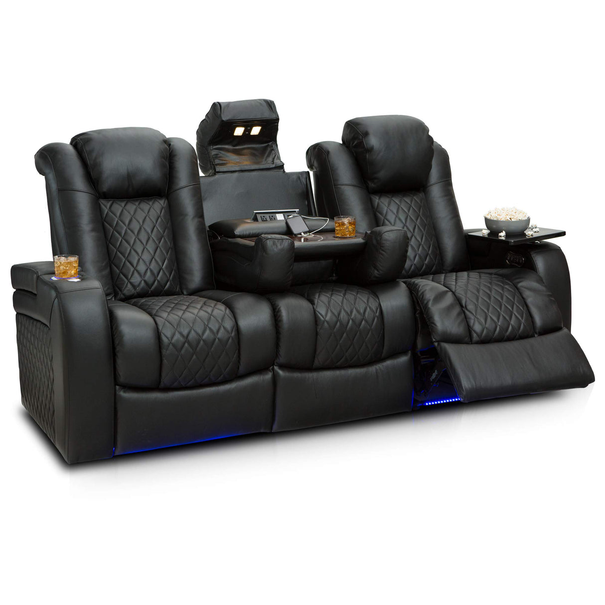 Seatcraft Anthem Home Theater Seating - Italian Leather - Power Recline Sofa - Fold-Down Table - Powered Headrests - Arm Storage - USB Charging - Cup Holders, Black Seatcraft