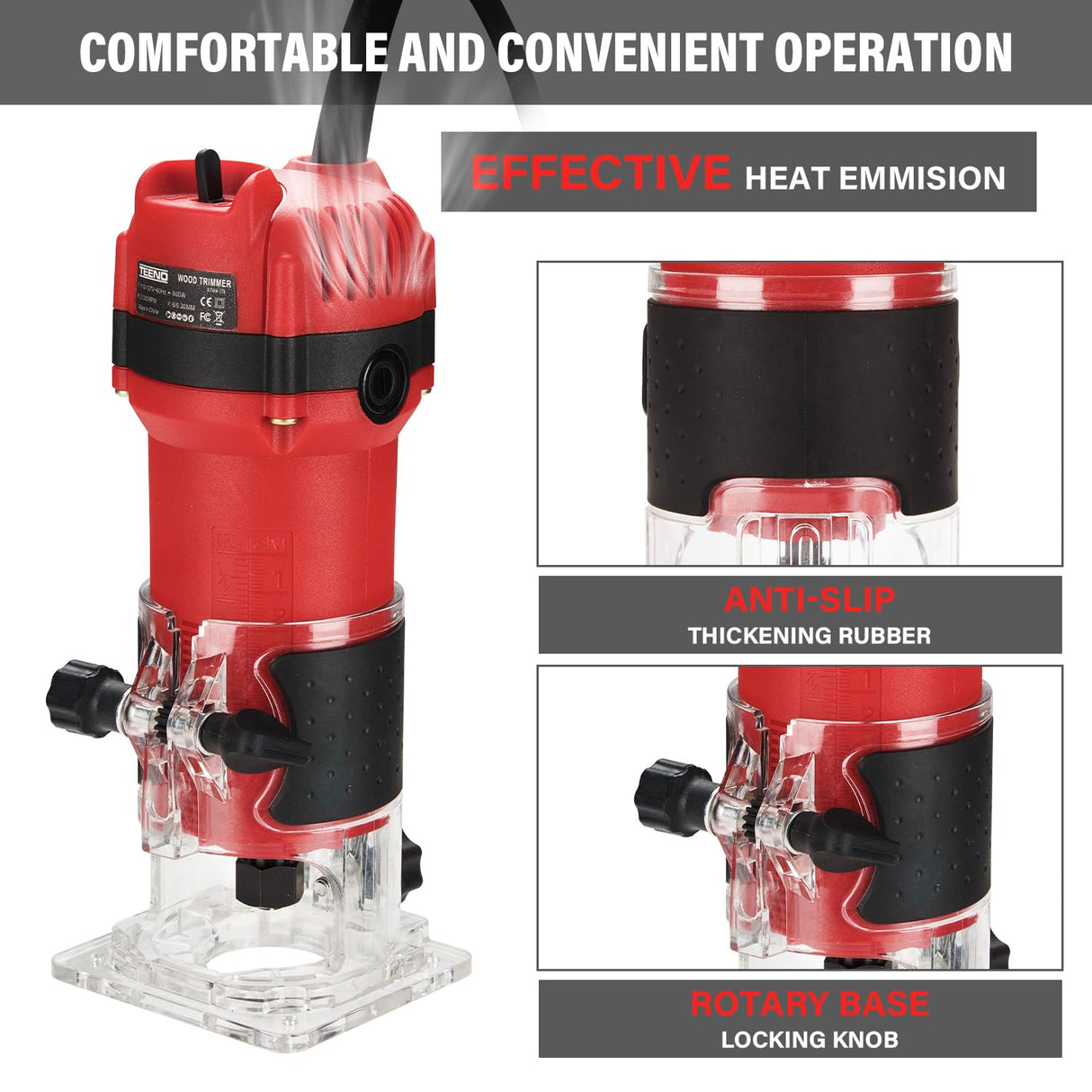 TEENO Wood Router, 800W Compact Router Tools for Woodworking, 31000 RPM Hand Trim Router with 15 Pcs 1/4" Router Bits Set, Edge Guide, Roller Guide TEENO