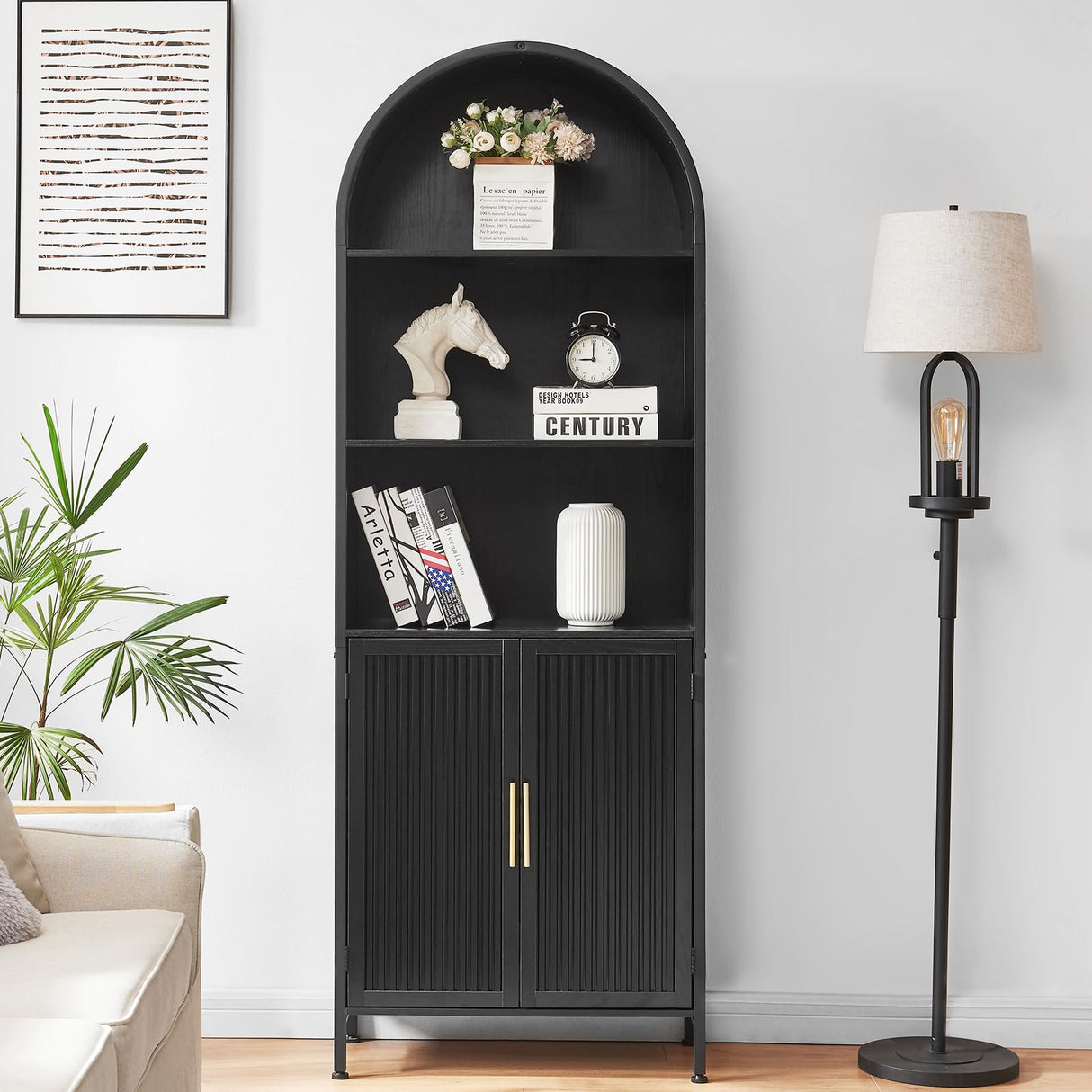 HUSHEDIFY Arched Bookcase Book Shelf with Doors, 5 Tier Tall Display Bookshelf Cabinet with Storage, Industrial Floor Standing Bookshelves Open bookcases for Home Office, Living Room(Black) HUSHEDIFY