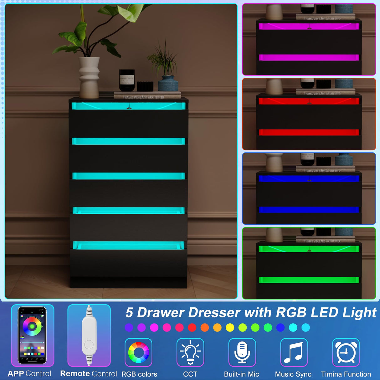 OTUTUMUS 5 Drawer Tall Dresser with Power Outlets & LED Lights, Black Dresser with Embedded Handle, Modern Wood Dresser for Bedroom, Living Room, Hallway OTUTUMUS