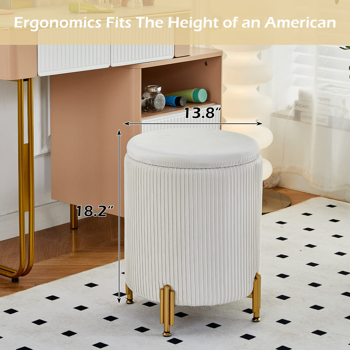 Mxfurhawa Round Ottoman Foot Stool with Storage and Metal Legs for Living Room Bedroom, Velvet Upholstered Footrest Stool Support 300lbs Modern Padded Seat Ottoman Coffee Table (Cream) Mxfurhawa