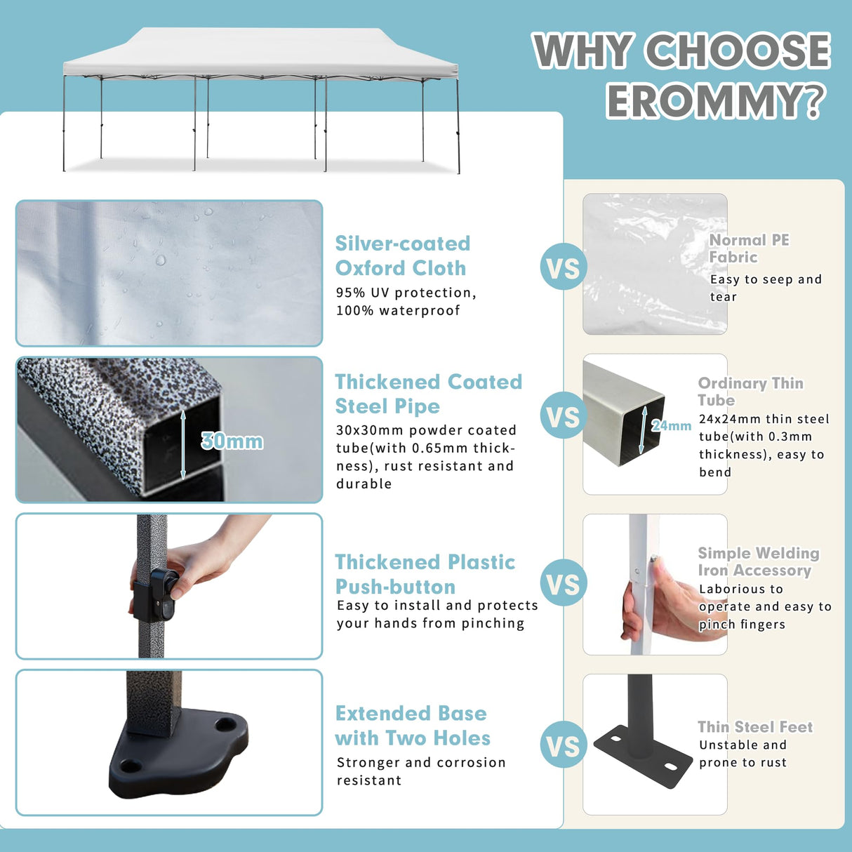 EROMMY 10' x 30' Pop Up Canopy Tent, Commercial Instant Canopy Heavy Duty with Roller Bag, 8 Sand Bags, 8 Wind Ropes & Ground Nails, Outdoor Canopies for Party Festival Event Wedding Camping EROMMY