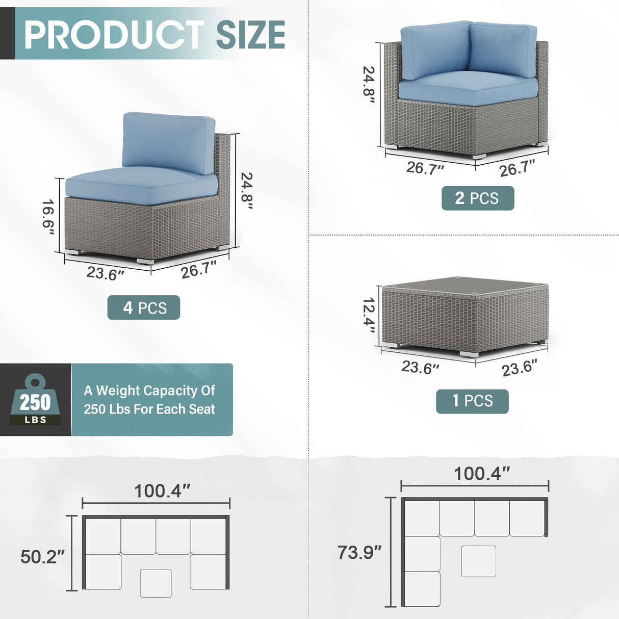 Crownland 7-Pieces Outdoor Patio Furniture Sets, All-Weather Grey Wicker Rattan Sectional Sofa, Modern Glass Coffee Table and Washable Seat Cushion with YKK Zipper (Light Blue) Crownland