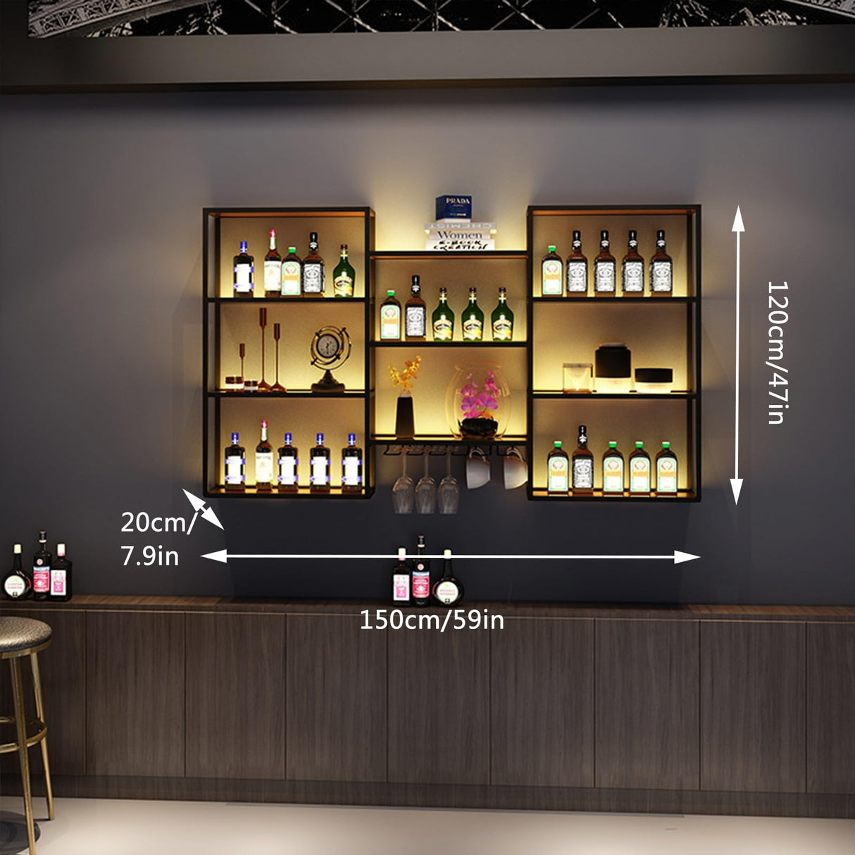 SEIFE Suspended metal display shelf ,living room liquor cabinet for wall,metal bar shelves with led light,liquor wall shelf with wine glass rack,Living room, bar, kitchen, restaurant(150cm/59in) SEIFE