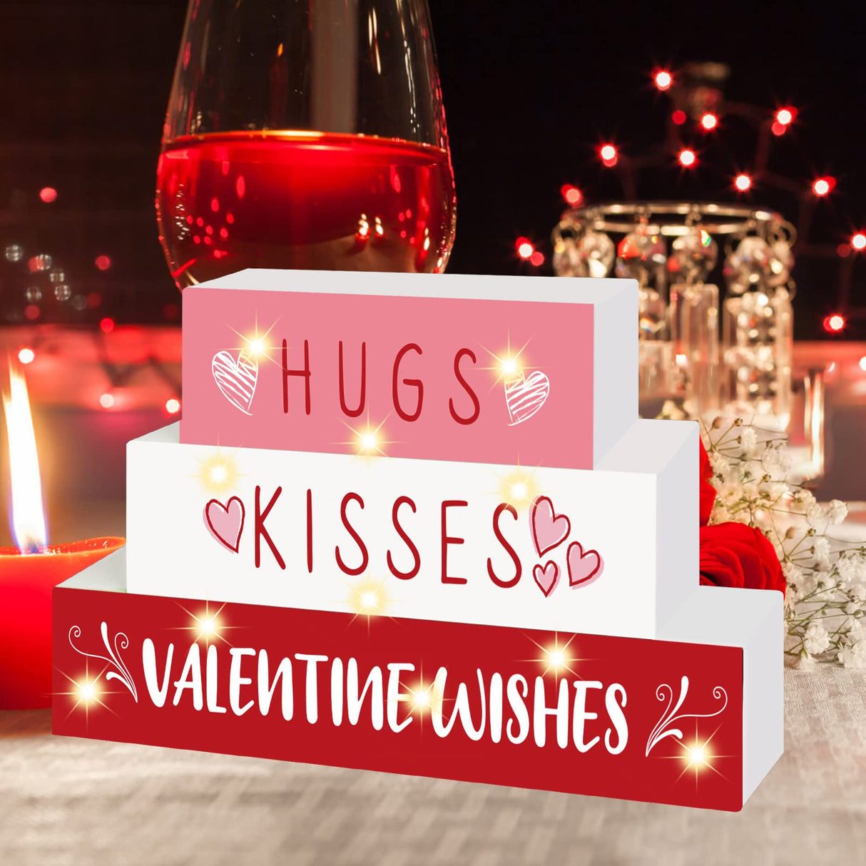 Valentines Day Decor,11 LED Valentine Wood Block Sign, Valentine Wishes Rustic Letters, Farmhouse Home Table Centerpiece Decor,Valentine's Day decor Tiered Tray, Tables, Mantel Decor,Valentine Gift CRCZK