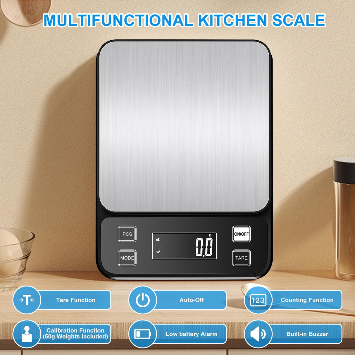 22lb Waterproof IPX67 Kitchen Scale with 0.1g/0.001oz High Precision, Diyife Large Stainless Steel Food Scale, 10 Unit, Washable, Hangable, USB Rechargeable, LCD Display, for Cooking, Baking Diyife