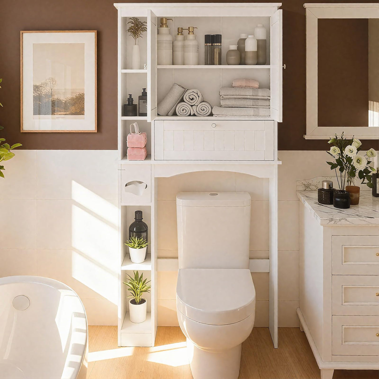 Giantex Over The Toilet Storage Cabinet, 31.5''W Freestanding Space Saver with Doors, Adjustable Shelf & Toilet Paper Holder, Over Toilet Bathroom Organizer for Laundry, Restroom, White Giantex