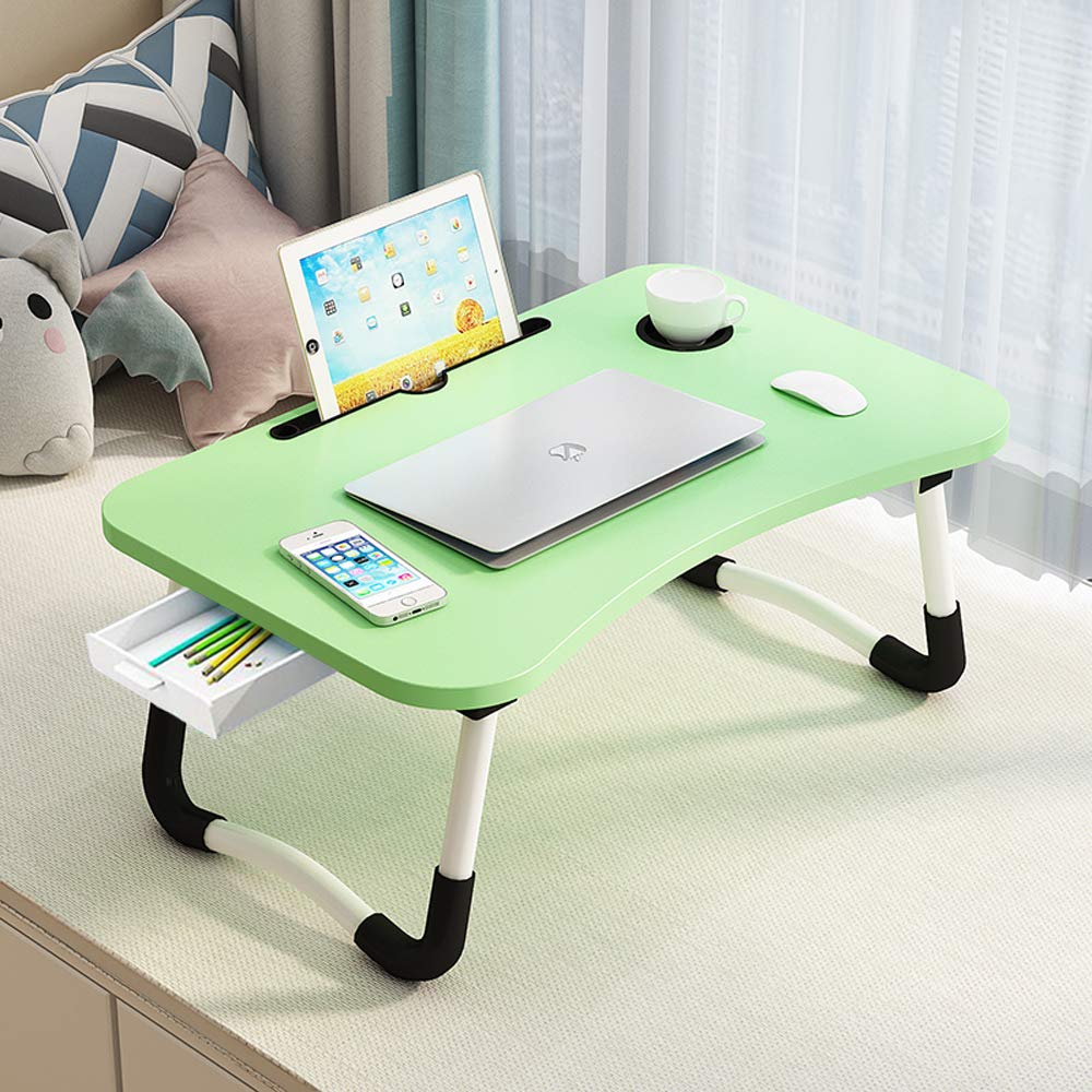 Lap Laptop Desk with Storage Drawer, Holders for Cup and Tablet, Laptop Bed Tray Table with Foldable Legs, Laptop Bed Stand, Portable Standing Table for Sofa Couch Floor (23.6", Green) VebaCidi