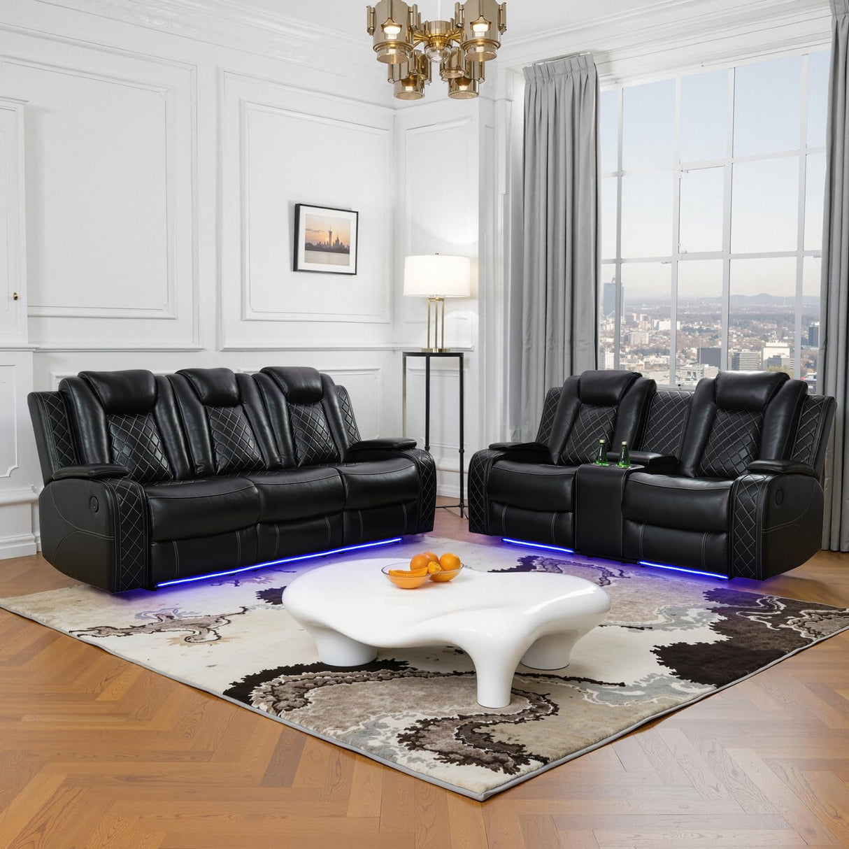 JBXBER Power Recliner Sofa Set for Living Room, Leather Reclining Sofa Sets with Storage Console, Living Room Furniture Sets with LED Lights(Sofa and loveseat,Black) JBXBER