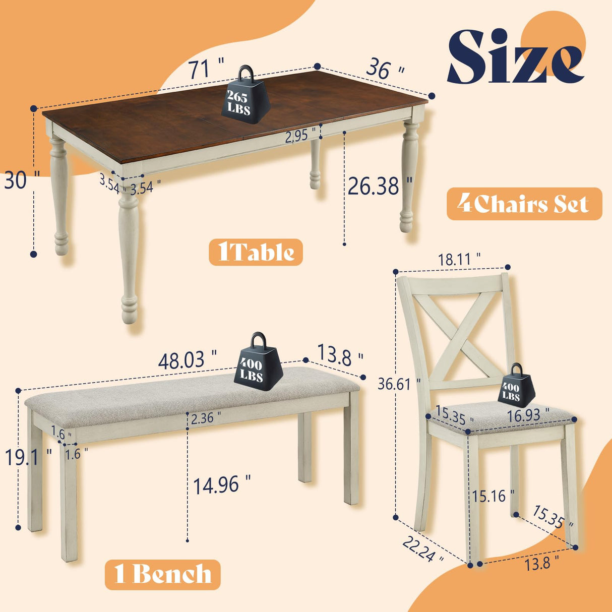 AMERLIFE 6-Piece Farmhouse Dining Table Set with 4 Upholstered Chairs and Bench, 71” Solid Wood Table, Seating for 6, for Dining Room or Kitchen, Rustic White & Walnut Finish AMERLIFE