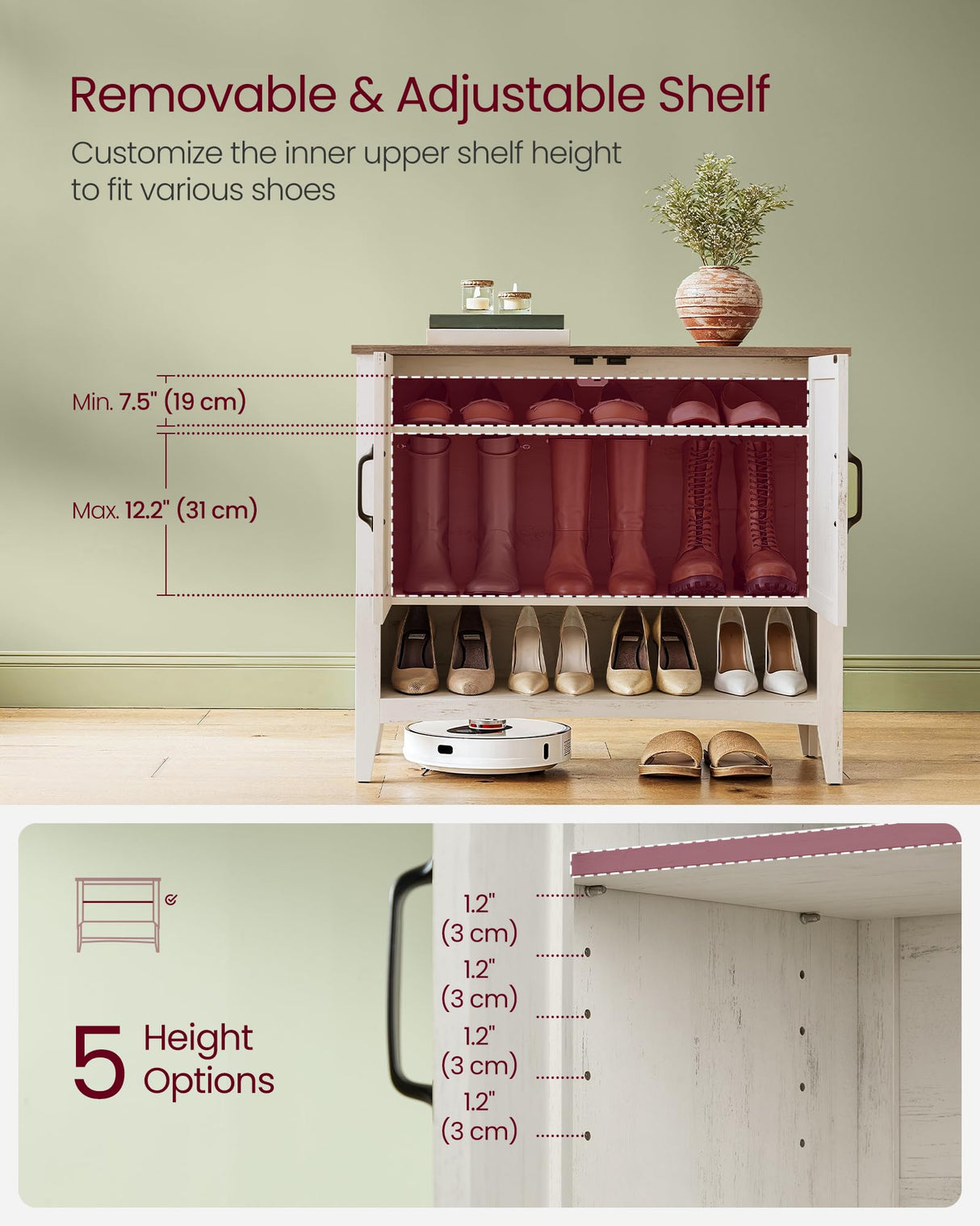 VASAGLE Shoe Cabinet, 3-Tier Shoe Storage Organizer, Farmhouse Freestanding Cabinet with Height-Adjustable Shelf, 13.8 x 31.5 x 27.6 Inches, Entryway, Rustic White ULBC038W01 VASAGLE