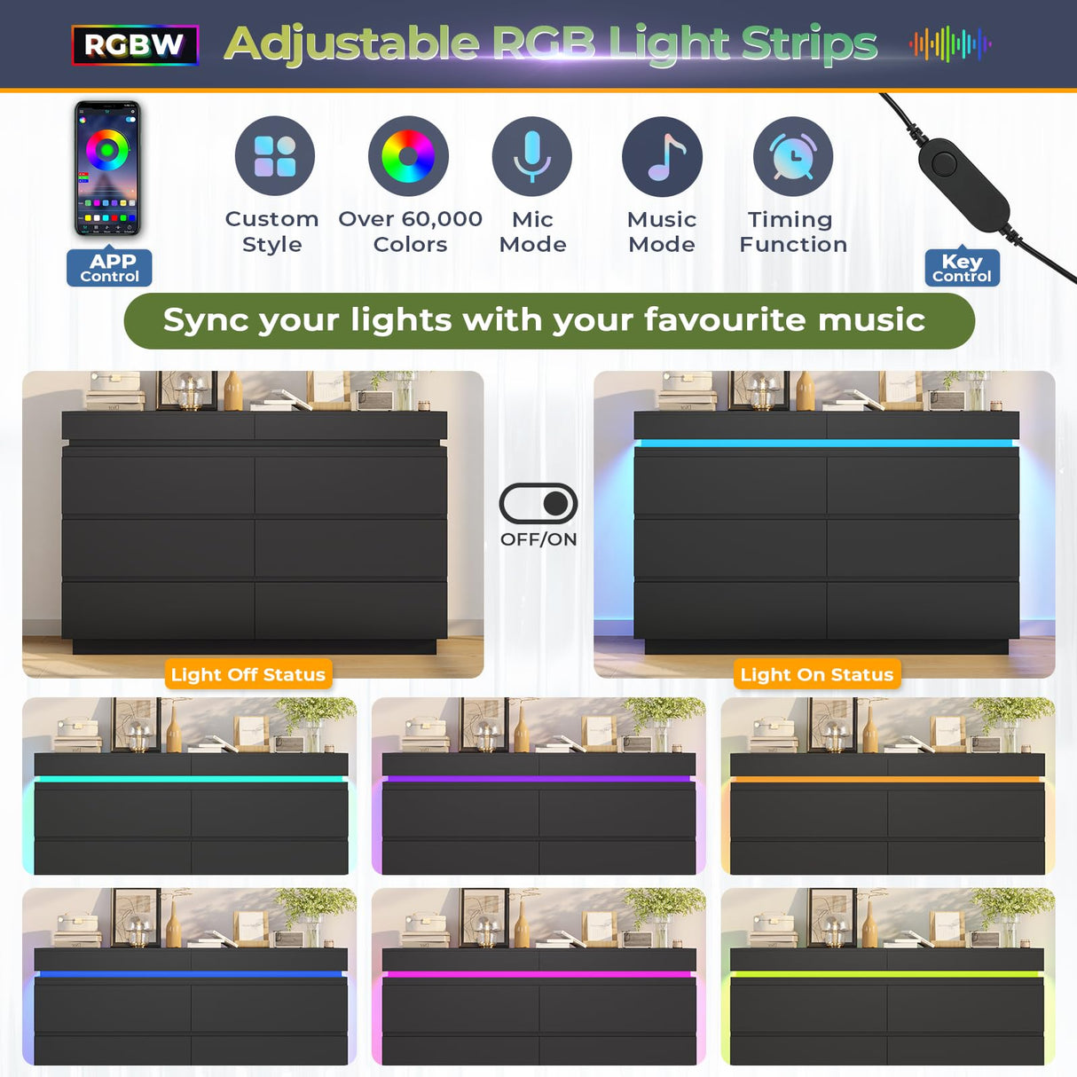 DICTAC Modern 6 Drawer Dresser with Sliding Desktop, Wide Chest of Drawers with Charging Station & LED Lights, Large Storage Tower Clothes Organizer, Black Dresser for Bedroom DICTAC