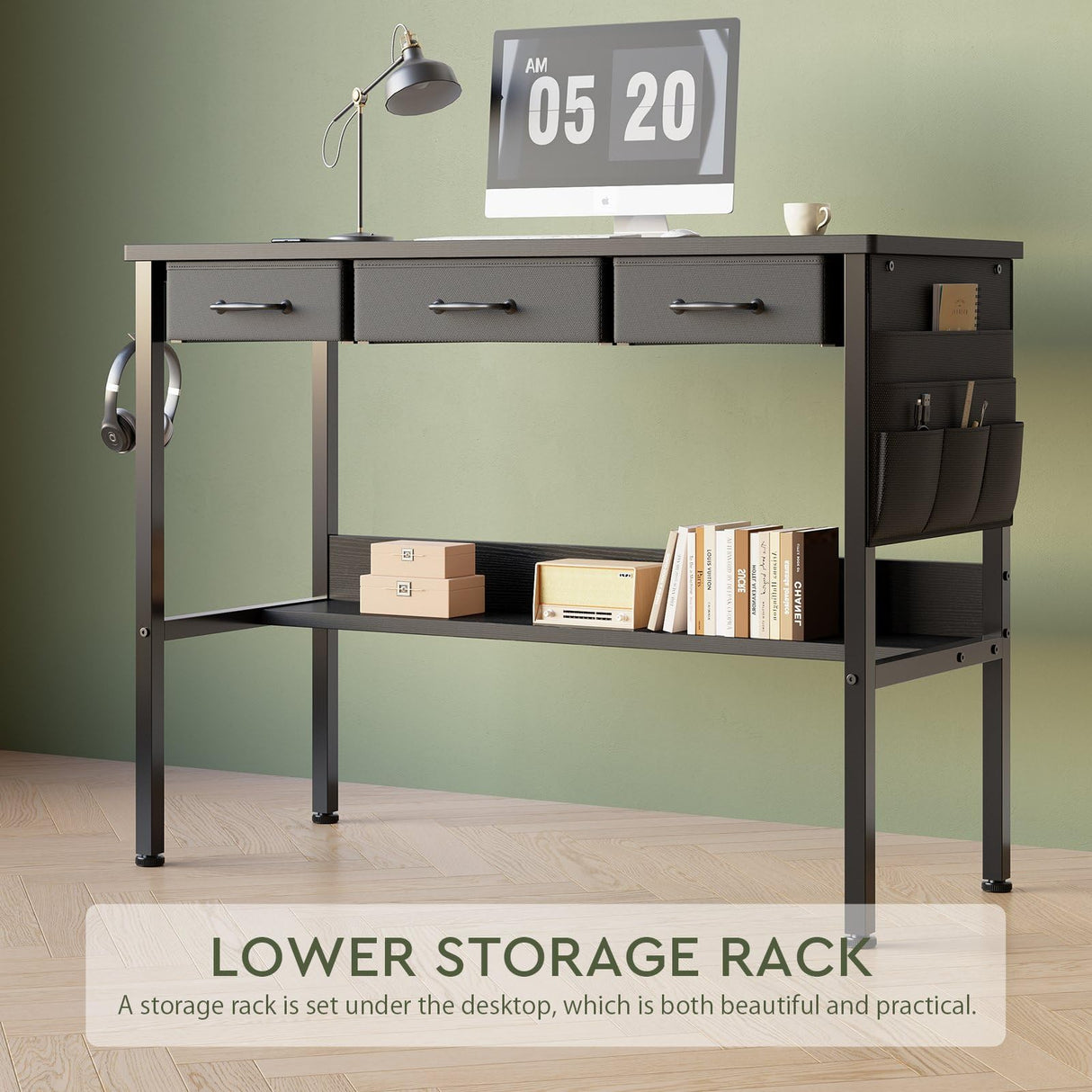 Maihail Small Desk with Drawers for Bedroom, Small Vanity Desk Without Mirror, 39.5inch, Writing Desk with Bookshelf, Computer Desk with Storage Drawers, Vanity Table no Mirror Black Maihail