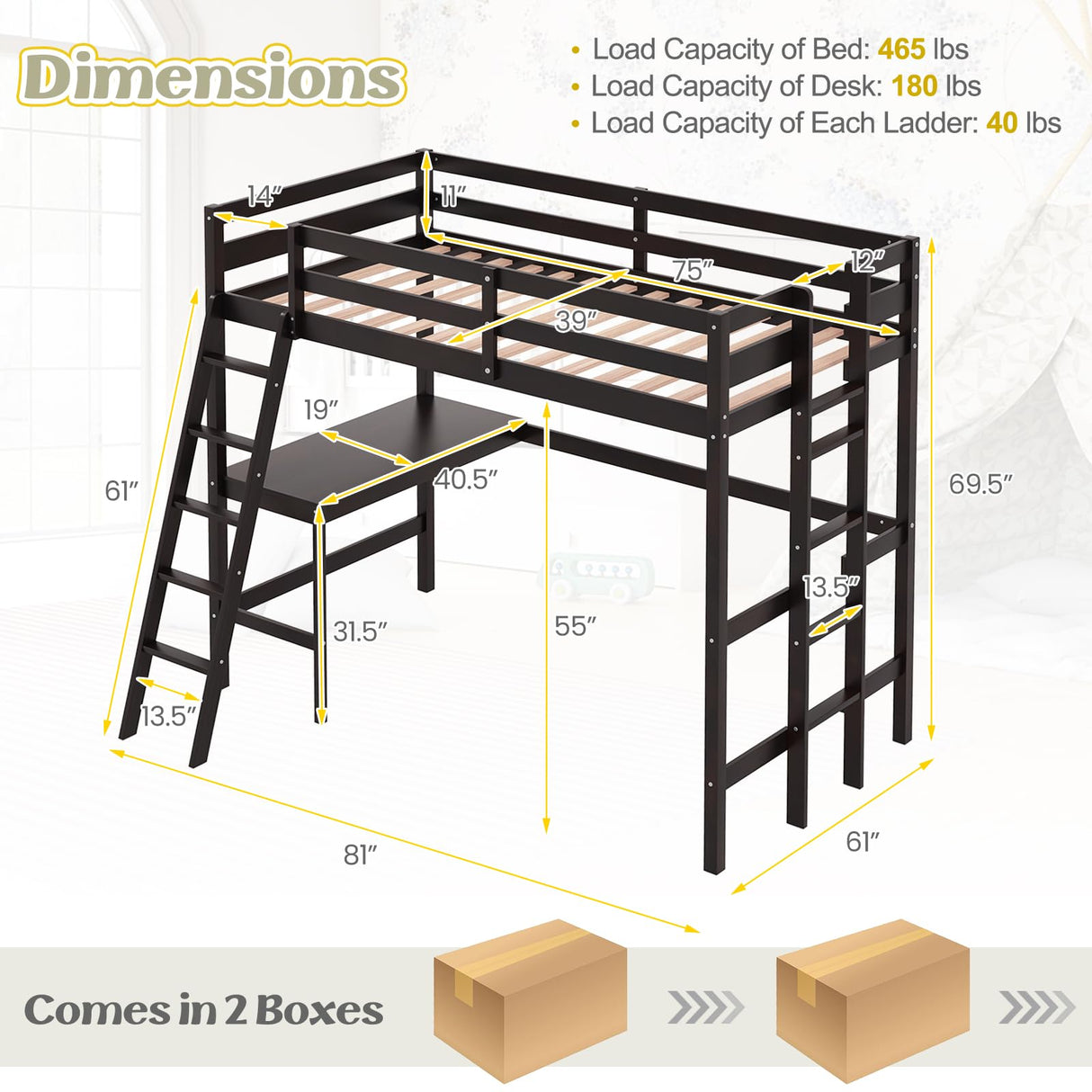 KOMFOTT Solid Wood Twin Loft Bed with Integrated Desk and Dual Ladders KOMFOTT