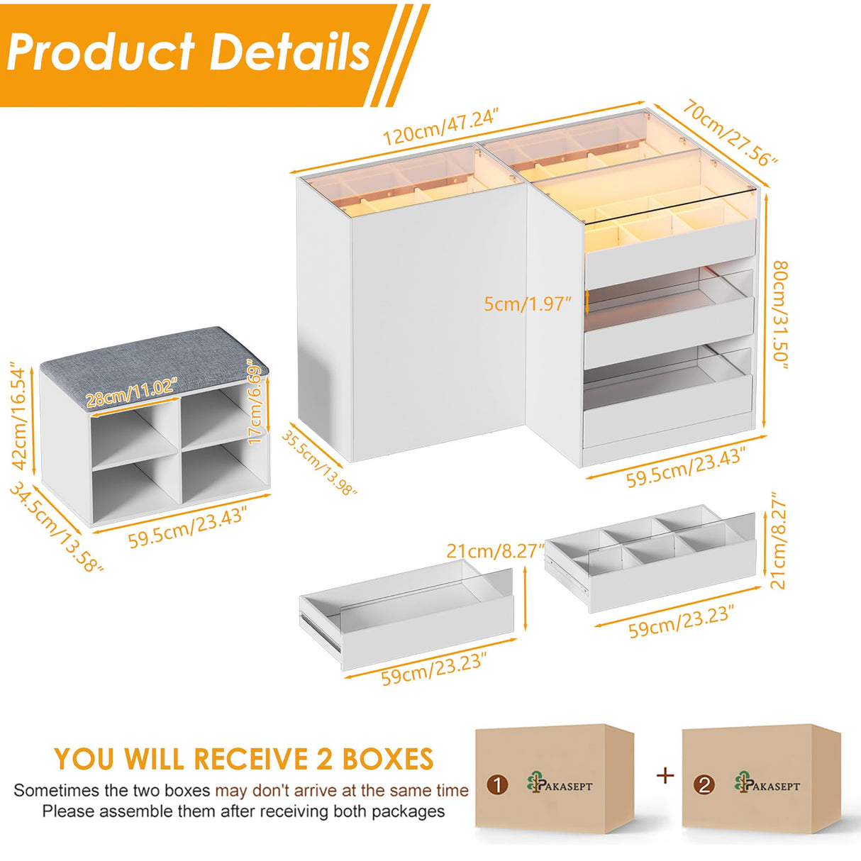 PAKASEPT Armoire Bedroom Island, Wardrobe Closet Island Dresser with Glass Showcase, Charging & 3 Color LED Light, Island Dresser with Bench, Walk in Wardrobe Furniture PAKASEPT