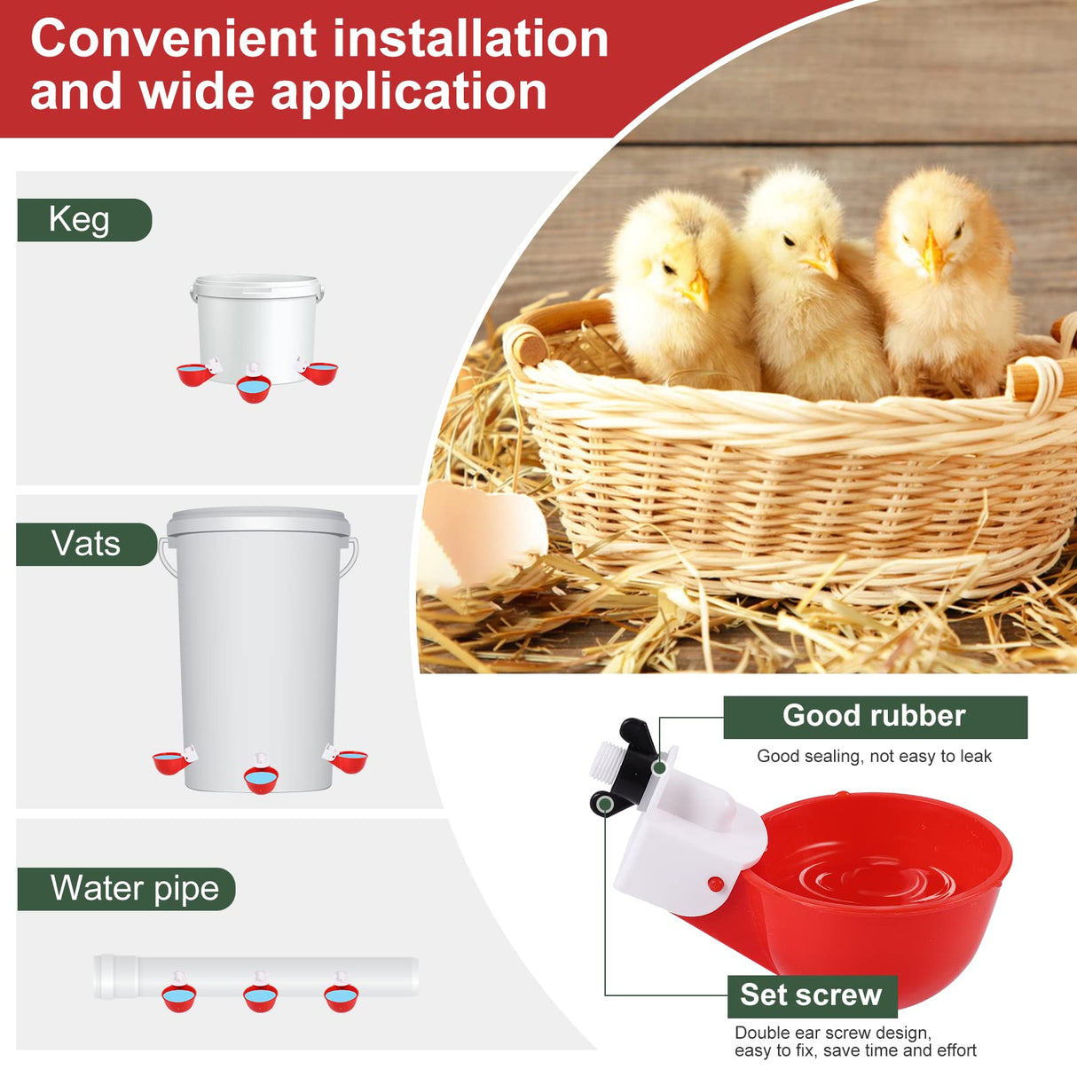 Psarnuk Chicken Waterer Cups (8 Pack/Red) - DIY Automatic Large Chicken Water Feeder for Ducks,Chicks, Turkeys, Quail, Bunny, Bird and Other Various Poultry Dispenser with Matching Drill psarnuk