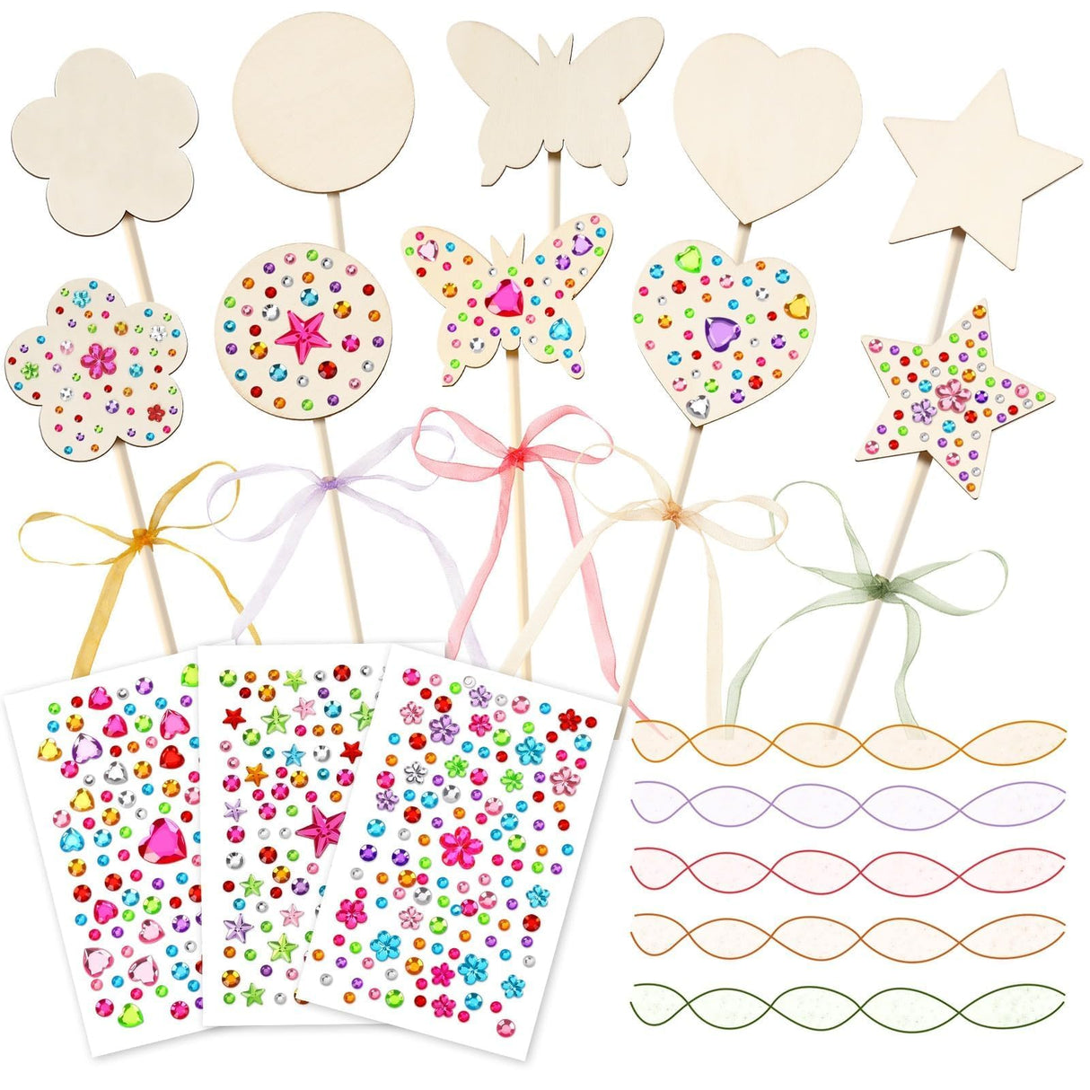 AUGSUN 43Pcs Princess Fairy Wands Kit, 20Pcs Wood Fairy Wands 20 Ribbons with 3 Sheets Gem Stickers Birthday Party Supplies Make Your Own DIY Crafts Art Magical Gifts AUGSUN