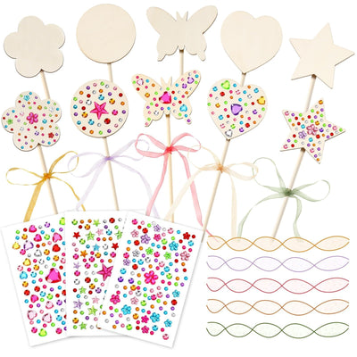 AUGSUN 43Pcs Princess Fairy Wands Kit, 20Pcs Wood Fairy Wands 20 Ribbons with 3 Sheets Gem Stickers Birthday Party Supplies Make Your Own DIY Crafts Art Magical Gifts