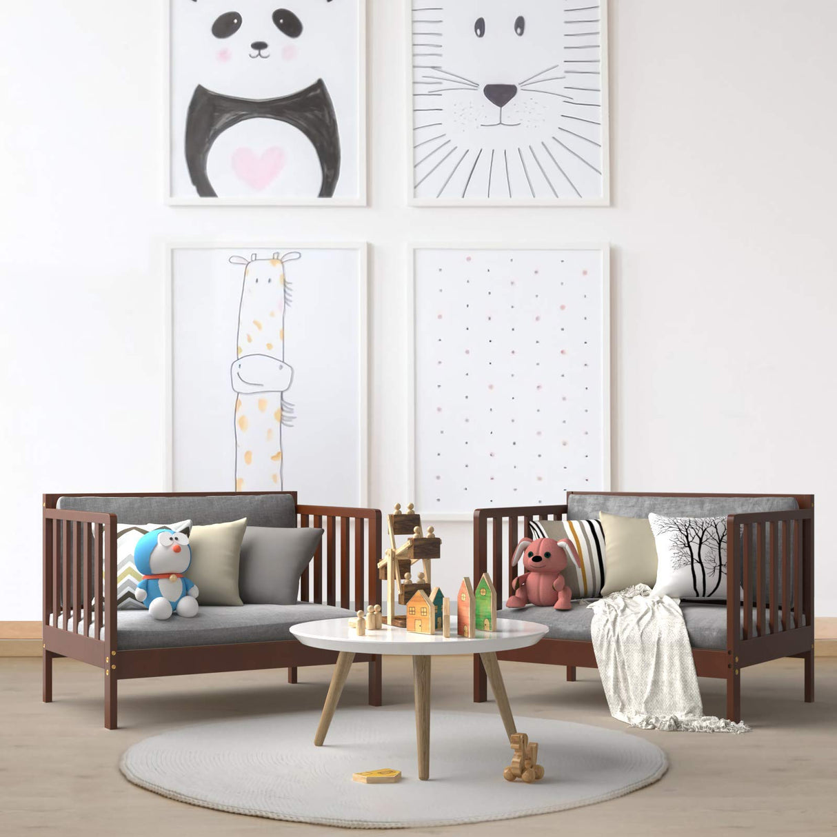 Costzon 2-in-1 Convertible Toddler Bed Frame with Safety Guardrails & Footboard - Brown Costzon