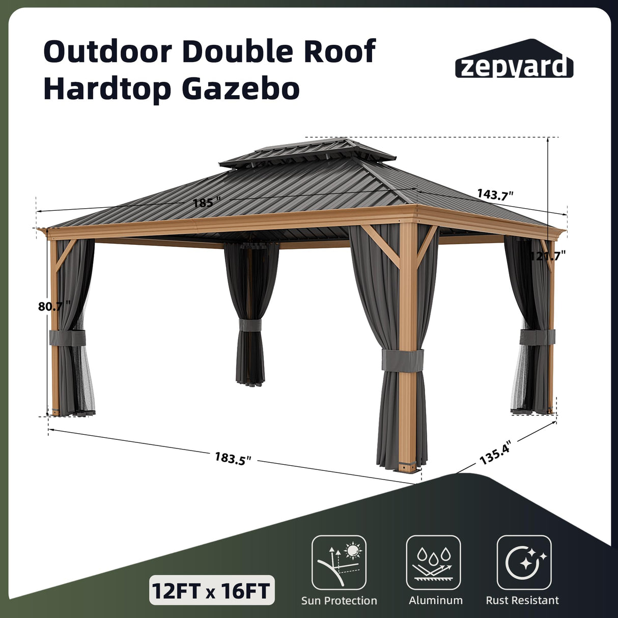 ZEPYARD 12x16 FT Hardtop Gazebo, Metal Outdoor Gazebo with Wood-Grain Coating, Netting and Curtains, Double Galvanized Steel Roof, Patio Hard Top Gazebo for Backyard, Deck, Poolside (Grey) ZEPYARD