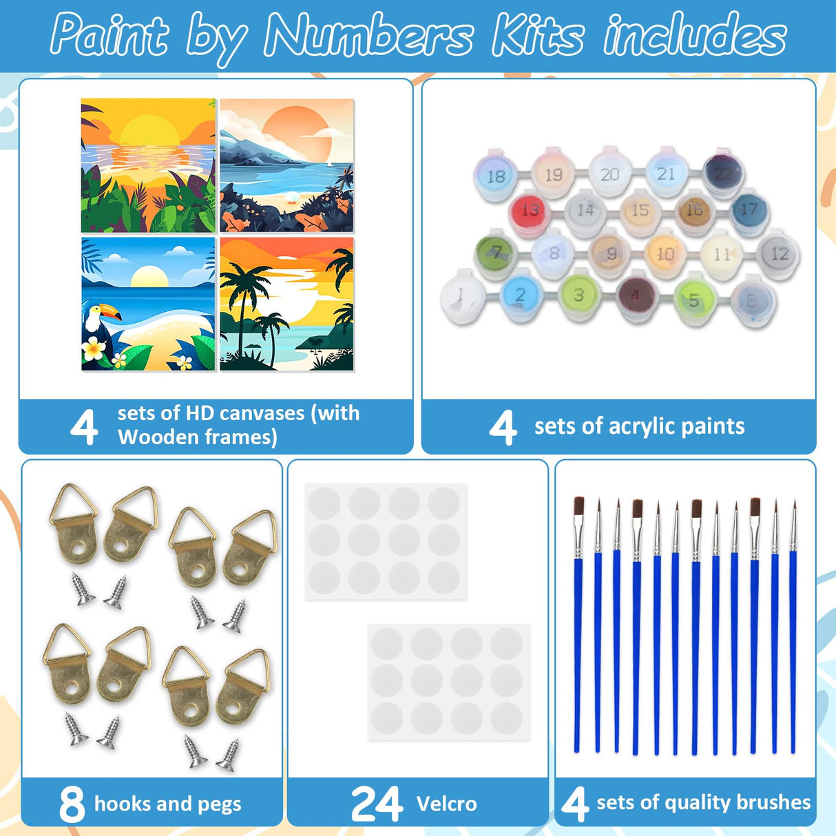 EOBROMD 4 Pack Framed Paint by Numbers Kits for Kids Ages 4-8-12 Landscape, Beach DIY Acrylic Paint by Number on Stretched Canvas, Painting Kits Adults Oil Numbers for Home Decor(8X8inch) EOBROMD
