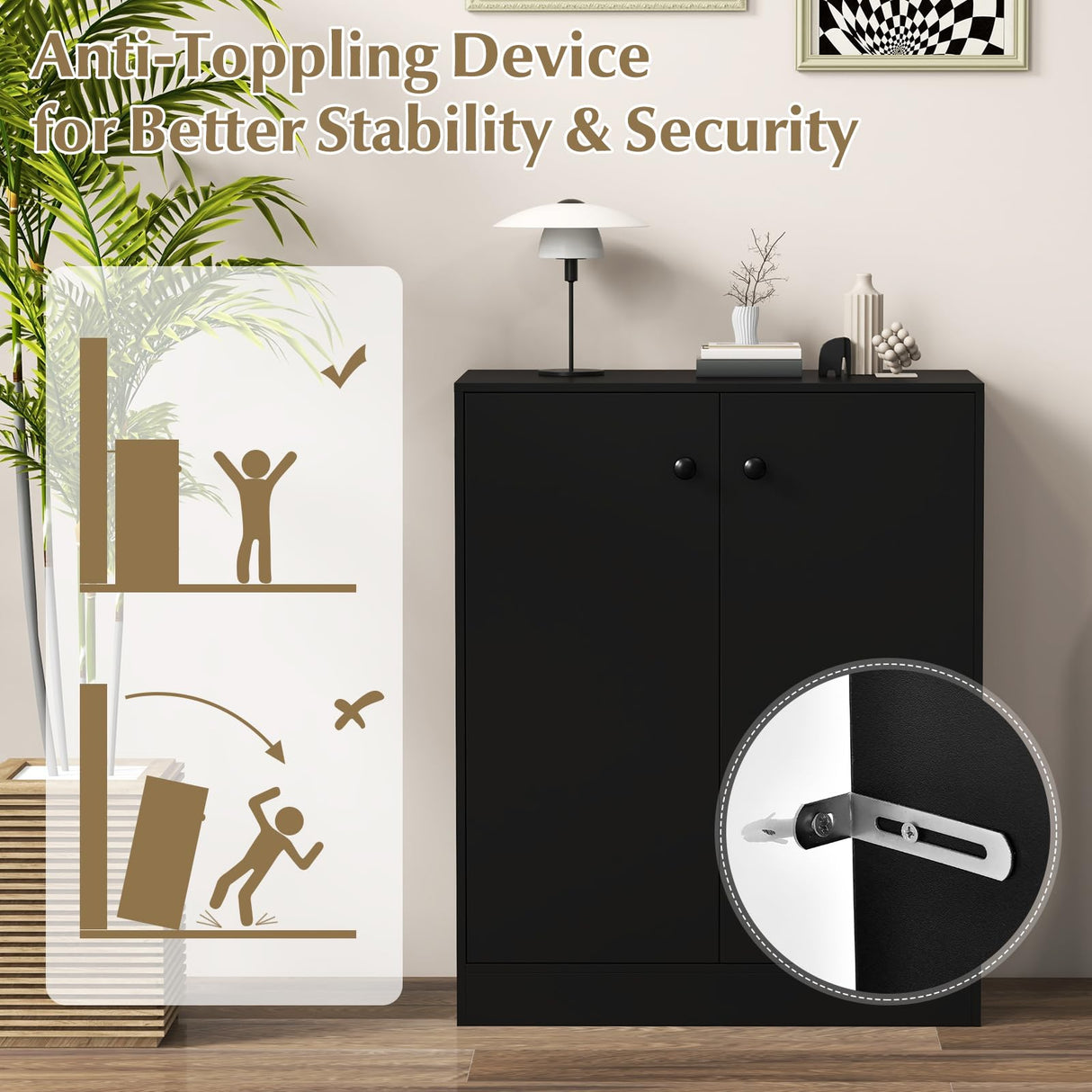 LOKO 2-Door Storage Cabinet, Modern Floor Cabinet with 3-Tier Shelf, Freestanding Side Cabinet with Anti-Toppling Device, Storage Organizer for Living Room, Kitchen, Dining Room, Entryway (Black) LOKO