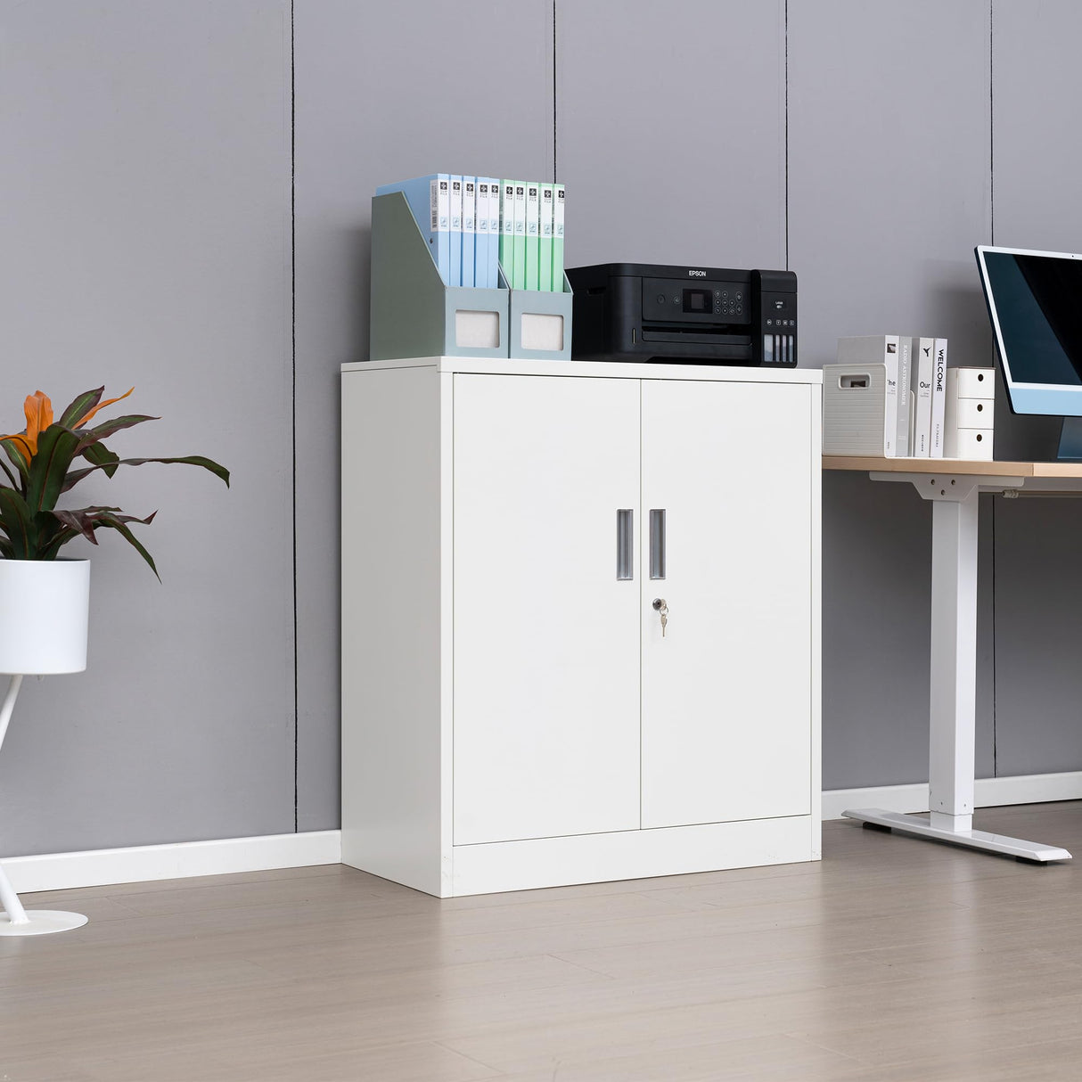 Wanfu Metal Storage Cabinet with Locking Doors and Adjustable Shelves, 36.2" H Steel Storage Cabinet for Garage, Home, Office, Utility Room-White Wanfu