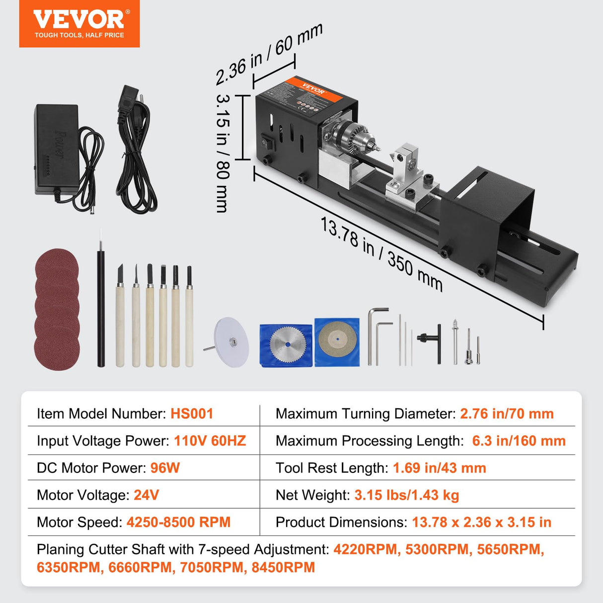 VEVOR Mini Lathe Machine, 2.76 in x 6.3 in, 24VDC 96W Mini Wood Lathe Tools Milling Machine Accessories, 7 Speeds 4220/5300/5650/6350/6660/7050/8450 RPM, for DIY Woodworking Wood Drill Rotary Tool VEVOR