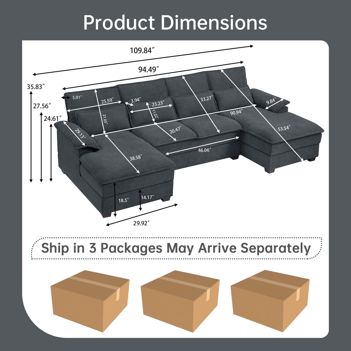 Enobala 110" Comfy Cloud Couch Sectional Sofa with Lumbar Pillows, Modern U-Shaped Cloud Sofa with Double Chaise & Deep Seat for Living Room, or Office, Easy Assembly, Dark Grey Enobala