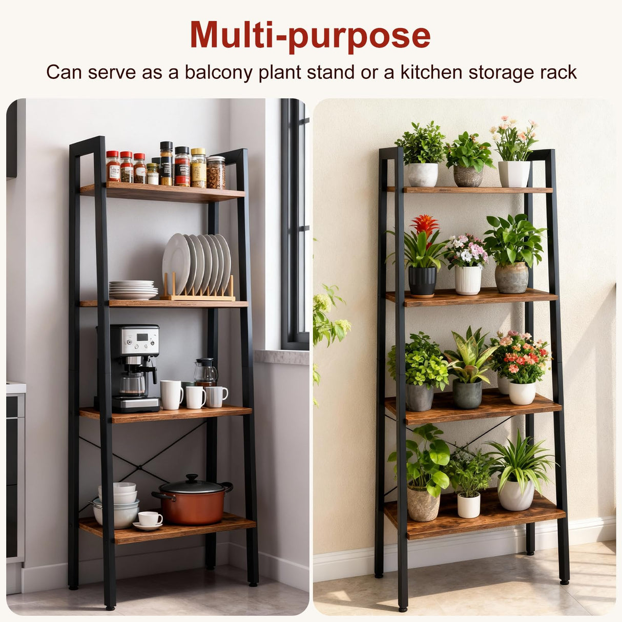DUMOS Ladder Shelf, 4-Tier Display Bookshelf, Industrial Style Storage Standing Shelf, Decorative Shelves with Stable Frame for Living Room, Bedroom, Office, Kitchen, Bathroom, Brown DUMOS