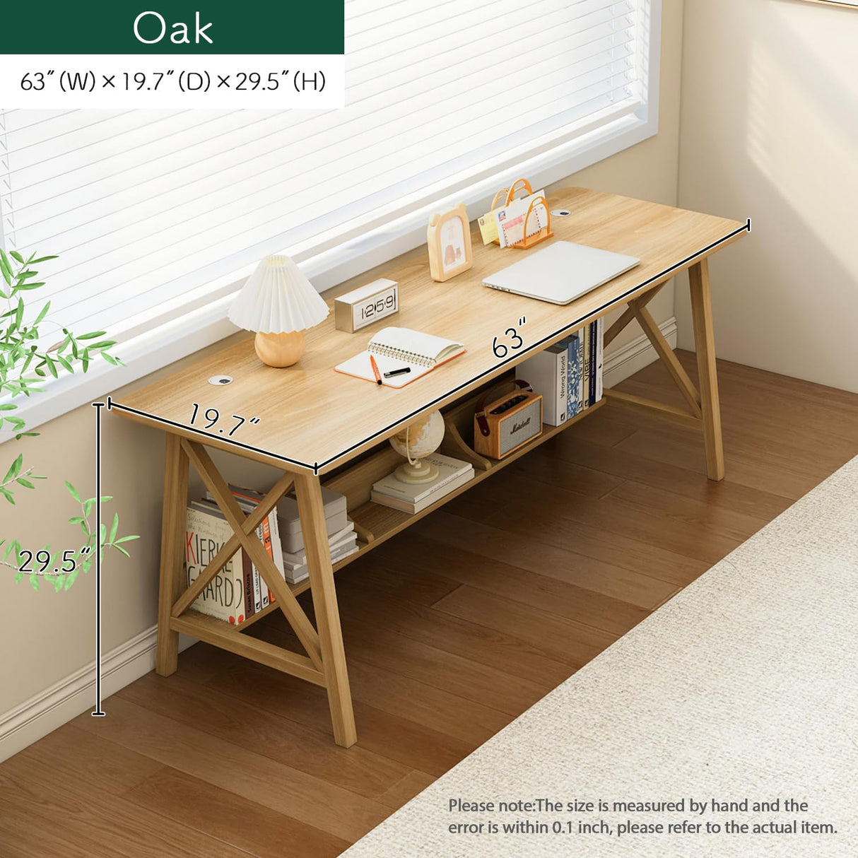 NELYE Oak Extra Long Minimalist Desk with Bookshelf - Solid Wood 2-Person Workstation for Home Office NELYE