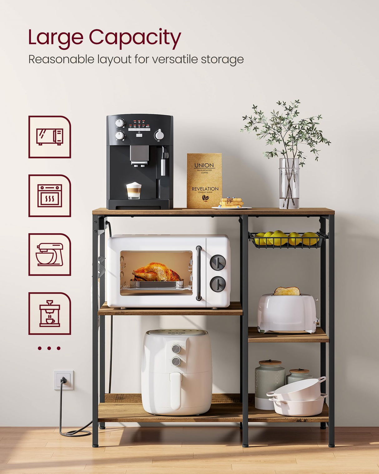 VASAGLE Rustic Walnut Baker's Rack with Integrated Charging Station and Storage Solutions VASAGLE