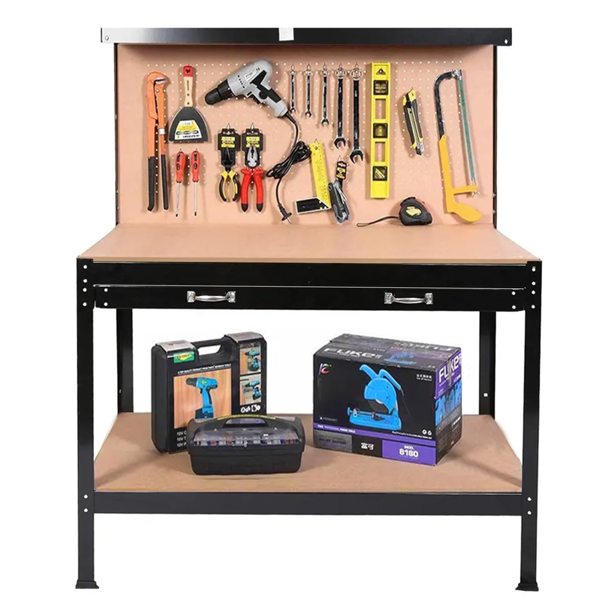 Heavy-Duty Steel Workbench – 63" Multipurpose Workshop Table with Drawer, Pegboard & Shelf, Woodworking & Garage Tool Organizer, 300 lbs Capacity HEIGHYOXP