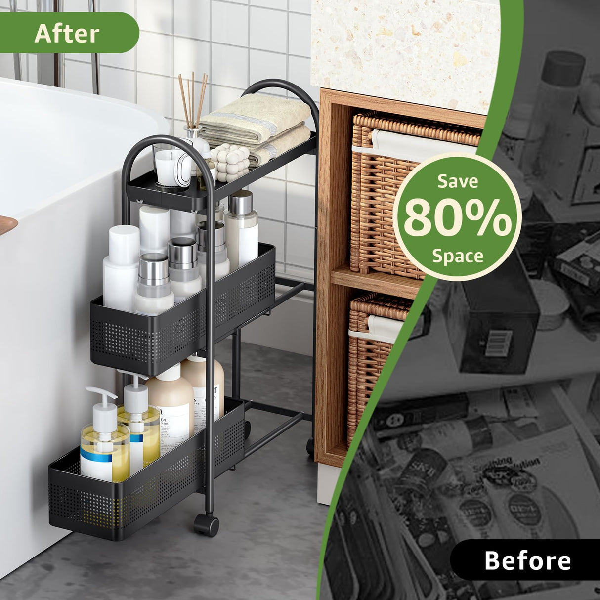 KINGRACK 3-Tier Slim Storage Cart with Pull Out Basket, Rolling Bathroom Organizer Utility, Metal Shelving Unit Slide Out, Lockable Wheels, Easy Assembly for Narrow Place, Kitchen, Laundry Room, Black KINGRACK