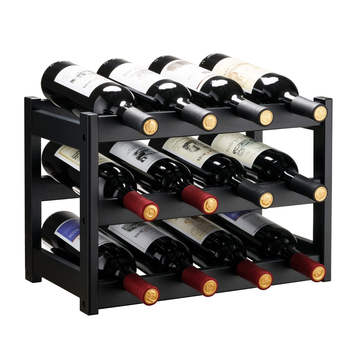 VASMIA Bamboo Wine Rack, Sturdy and Durable Wine Storage Cabinet Shelf, Wine Racks Countertop for Pantry,Kitchen,3-Tier 12 Bottles Wine Rack Black VASMIA