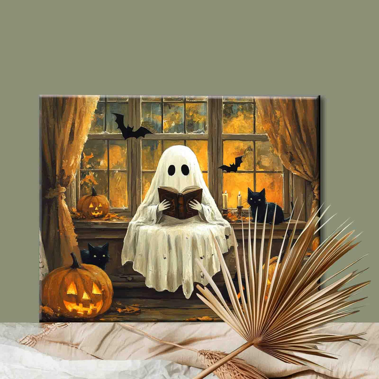 Ghost Reading Book Paint by Number for Adults Beginner Cute Ghost Paint by Number Kit on Canvas DIY Halloween Spumpkins Paintwork for Home Wall Decoration and Gifts 16x20 Inch (Frameless Aihonmin