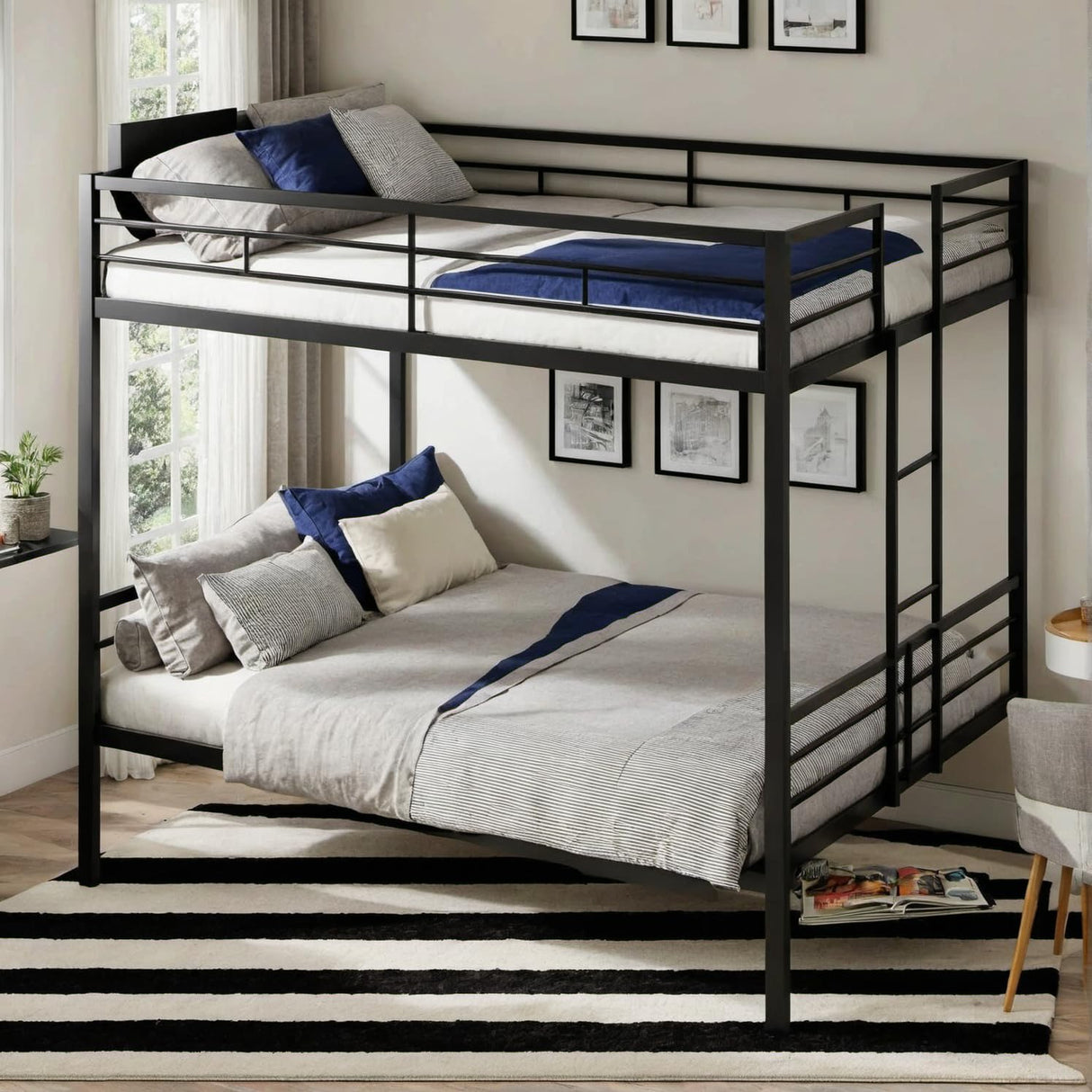 PVWIIK King Over King Bunk Bed with Side Ladder for Kids,Adult,Teenagers,Heavy Duty Metal Bunk Bed w/Full Length Guardrail for Dorm,Bedroom,Guest Room,No Box Spring Needed,Black PVWIIK